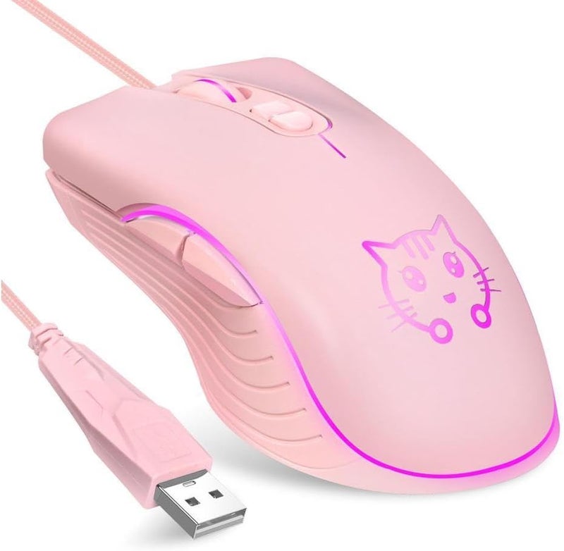 CORN Gaming Wired USB Mouse, 2400DPI 4 Adjustable Levels, Ergonomic Slient Mouse for PC/Desktop/Laptop - Pink Cat - Image 1